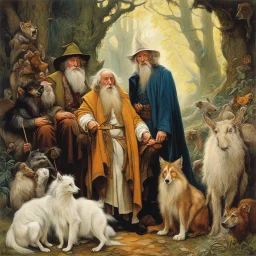 [art by Norman Rockwell: three Middle-earth Istaris are Jonathan Pryce, Sylvester McCoy and Jean Rochefort] Radagast, with his unkempt hair and a menagerie of animals, shared a hearty chuckle with Saruman, the wise and cunning Istari. And there, in the midst of it all, stood Gandalf, a twinkle in his eyes as he joined in the mirth.Their laughter echoed through the night, a rare moment of camaraderie amidst the chaos of their journeys.