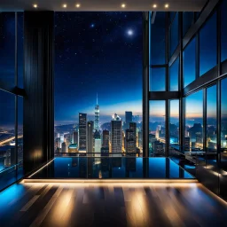 in luxury hall in top floor of skyscrapper in moder city at night sky, ,city scape at backgrownd