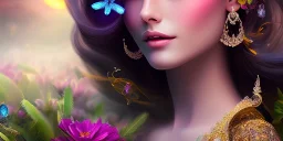 bright fairy, beautiful portrait, flowery landscape