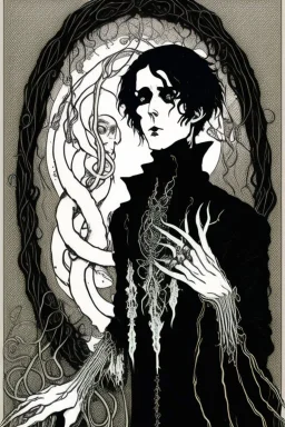 black haired young man necromancer wizard with gothic jewelry and tentacle fingers in the style of Harry Clarke