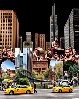 Prompt : A striking high-contrast, cinematic photo-style vertical collage that captures the essence of the City. Each letter of "CHICAGO" is represented by a dynamic and vibrant scene, with different iconic landmarks and moments in time. Grand buildings and Parks dominate the background, while smaller scenes such as bustling street life, yellow taxis, and people performing various activities fill the foreground. The overall mood is energetic and lively, with an emphasis on the vibrant spirit of