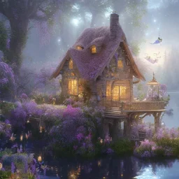 high-quality, fine-detail beautiful magical cottage with a clear, reflective lake, flowers, butterflies, small globes of iridescent light, tranquil, gorgeous, 8k resolution, 3D octane render, intricate, sharp, crisp, digital art, detailed matte, volumetric lighting, George Grie, Anne Dittman, Anne Stokes, Lisa Parker, Selina French, Alphonese Mucha