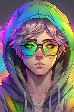 Anime man with glasses, messy rainbow hair, wearing a hooded sweatshirt, realistic