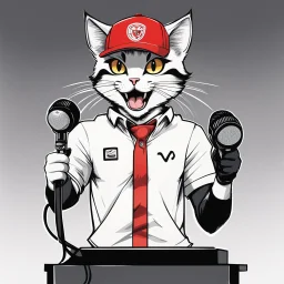 a drawing of a manga cat man with a sports cap and shirt, speaking at a (((lectern))) with a microphone, red, white and black colors, cat white and black colors, smiling cat