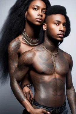 Beautiful black woman with long black hair standing next to twin brother with a scar and tattoos, fantasy, ethereal, soft lighting, realistic lighting, HD 8K