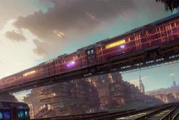 close up train+Elevated train+turin Milan corner building+Italian colourful sea village +alphonse mucha, greg rutkowski,matte painting, cryengine, hyper detailed, felix kelly, fantasy art, seb mckinnon