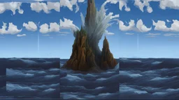 a thick hollow twisting tree trunk rises out of the raging sea, a whirlpool inside the base of the spire