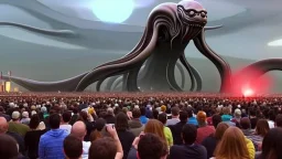 a crowd enjoys watching our lovecraftian alien overlords attack major cities