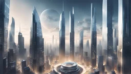 a digitally rendered illustration of the concept of Equalibrium, depicting a futuristic cityscape adorned with towering skyscrapers and bustling energy, showcasing the seamless integration of the incentive-based collaboration system. The artwork captures the essence of Universal Law, highlighting the dynamic equilibrium achieved through sustainable production of tangible value both at the local and communal levels. The style is modern and sleek, with vibrant colors and a high level of detail.