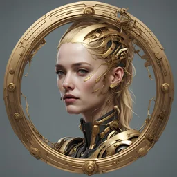create me a thin round laurel golden portrait rim. not real laurels. but mechanical cyberpunk laurels.