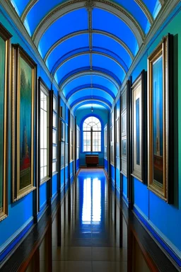 A museum for displaying paintings, whose side walls are oval and made of blue glass, with a corridor at the end on the left side