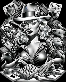 awesome mc escher illustration black and white style beautiful woman marilyn monroe playing poker smoking hip hop gangster hat chasing dragon, (illustration: 1.3), masterpiece, awesome illustration