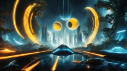 tron legacy movie, creatures,, space ships, city of the future, trees , forest, yellow, blue, red, orange, realistic, matrix universe, space, planets, god creations