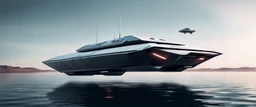 cybertruck katamaran boat spaceship hovering over water