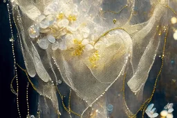 double exposure, garter flowers strung on wire with pearls and gems, heart and love, double exposure, merged layers, silver and gold tin foil, waterfall, in sunshine on a lace blanket