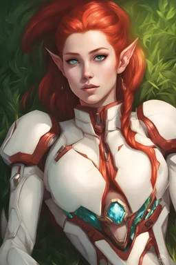 female elf, high cheekbones, white scale high tech armor, cybernetic jaw, cybernetic throat, blue crystal in the center of the armor, laying on the back at grassfield, single character, red hair, single pony tail, green eyes, photorealistic