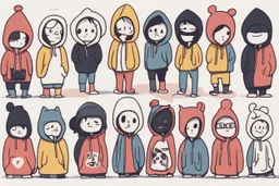 6 simple shaped hand drawn cartoon characters that are cute dark and have hoodies