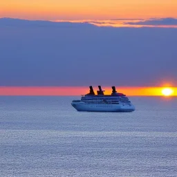 cruise ship sailing, sunset on horizon