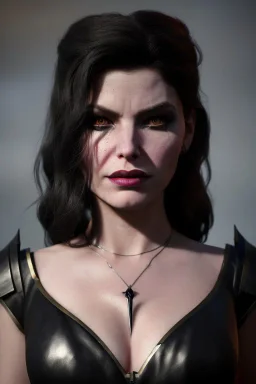 Sophia Vergera as evil queen in black leather, cleavage, angry, stern look, unreal 5, octane render,cinema4d, dynamic lighting, dramatic lighting, 4k, redshift render, highly detailed, hyper realistic