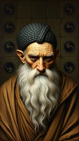 master oil painting by Rembrandt, realistic rendering Portrait of the Apkallu sage who were sent by the god Ea to teach civilization to humanity before the flood. They were depicted as half-human and half-fish or bird, and were associated with wisdom, magic, and culture. blurred tile yin yang pattern background, brightened edges to give a sense of depth