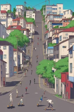 Bauhaus city street, sloped street, city on tall hillside, street scene, rollerbladers grinding on rails, skaters, rollerskaters, cel - shading, 2 0 0 1 anime, flcl, jet set radio future, golden hour, Swedish town, concentrated buildings, swedish neighborhood, electrical wires, cel - shaded, strong shadows, vivid hues, y 2 k aesthetic