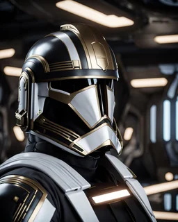 star wars bald male corellian pilot wearing pearlescent black and gunmetal grey First Order special forces armor and helmet with gold trim inside the jedi temple, centered head and shoulders portrait, hyperdetailed, dynamic lighting, hyperdetailed background, 8k resolution, volumetric lighting, light skin, fully symmetric details