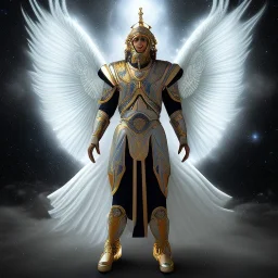 The first image is of the main character's full body. He’s to look like a powerful angel, symbols on his hands glowing, His background should be that of space above with stars and standing on a paradise of a planet. His belt can transform into a white dragon.