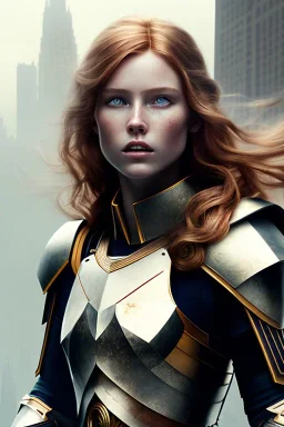 ultrarealistic, concept art, ruined city,__intricate fantasy armor__, no star, __angles__, 18 year old woman, strikingly beautiful,ginger hair, _colour_, (pale __skincolor__ skin:1.2), __camera__, _hair_, detailed face and eyes, medium breasts, sci-fi theme, freckles, dynamic pose, resolved expression, __accessory__, strappy outfit, (straps:1.1), sword in scabbard on left hip, (buckles, buttons, snaps, rings:1.0), haltertop style breastplate, detailed eyes, plump lips