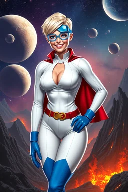 Karen Starr, full body, young athletic white female, crew cut bleach-blonde hair, thin, wearing thin blue goggles, semi-pointed chin, muscular build, Wearing white long-sleeved bodysuit with high collar with plunging neckline, blue elbow gloves, red belt with gold buckle, red cape, blue knee boots. Big smile. Background: outer space, planets, stars, galaxies, fire, explosions, volcanic lava, craggy peaks. Photorealistic