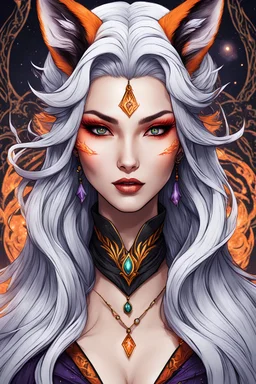 create an ethereal, darkly magical ,Kitsune sorceress with highly detailed and deeply cut facial features, precisely drawn, boldly lined and colored