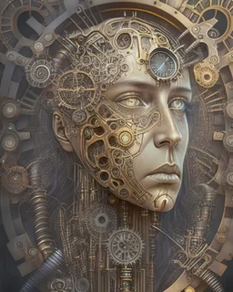 A thought-provoking portrait of a person with an intricate, mechanical clockwork mechanism visible through their transparent skin, in the style of steampunk, detailed gears and cogs, warm metallic colors, and a commentary on the passage of time, inspired by the works of H.R. Giger and Jules Verne, exploring the fusion of humanity and machinery.