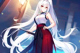 girl, masterpiece, best quality, volumetric lighting, detailed outfit, perfect eyes, long hair, white hair, red eyes, ponytail, hakama,