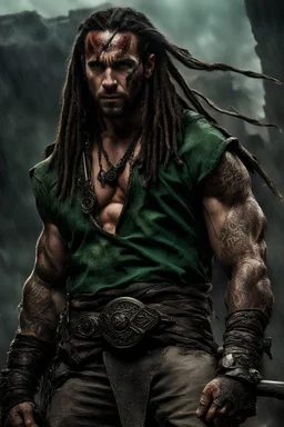jason david frank as Green Power Rangers, Very muscular man with long dreadlocks and tribal tattoos in barbarian clothes with bronze axe in abandoned village, realistic face, close-up, brutal, dark fantasy, smoke in the sky, lightnings, rain, intricate details, hyper detailed, Jean Baptiste Monge, Carne Griffiths, Michael Garmash, seb mckinnon ,