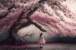 A hyper-realistica cherry blossom tree slowly falling and a child standing, Photo Real, HOF, full size, practicality,manufacturability,performance, (((realism, realistic, realphoto, photography, portrait, realistic, elegant, charming, apocalyptic environment, professional photographer, captured with professional DSLR camera, trending on Artstation, 64k, ultra detailed, ultra accurate detailed, bokeh lighting, surrealism, Thomas Kinkade backgroun