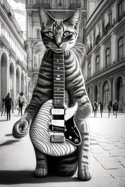 One single mature street cat, friendly, playing guitar, vienna, sunny day, perfect iris, model style, hyper realistic, extremely accurate, delicate, extremely detailed, Graphic novel style, colours, wide-angle, open aperture, superfine pencil