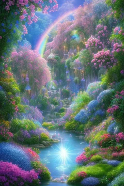 verybeautiful-magical-garden-of-the-angelic-kingdom-blue-and-pink-plants-and-trees-small-river-sunshine-flowers-haze-thumb-rainbow-ufo-bright-colors-beautiful flowers