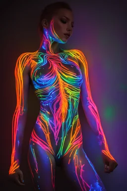 Body paiting rainbow neons glowing in the dark and colorful details