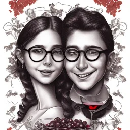 Label of red wine with grapes and vines. A lady in her 40 with long har and eyes glasses, and her younger brother with short hair, with muscles . They are drinking fresh red wine with smiles. simple funny sketch in pencil