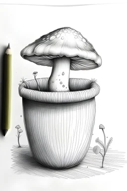 гриб в горшке, рисунок в карандаше
