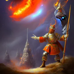 army with morning stars in front of a skewed tower on fire in a hurricane, upper body of orange devil with spear, thick forest