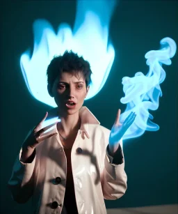 Ultra Realistic image, photo studio, medium shot view, a woman making the fuck off gesture with his hand, blue smoke coming out of his nose and mouth, happy. Latex inflatable coat, soft color, highly detailed, unreal engine 5, ray tracing, RTX, lumen lighting, ultra detail, volumetric lighting, finely drawn, high definition, high resolution.