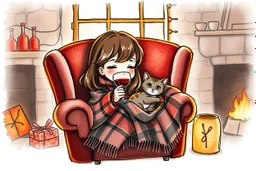 vibrant sketch, cute chibi brunette woman by the firelight, wrapped in a plaid blanket, curled up in an armchair with a tabby cat on her lap, drinking red wine from a glowing glass, S<AI, charcoal