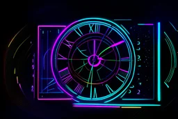 black background, outlines of a holographic clock and a calendar drawn from thin neon-coloured glowing lines