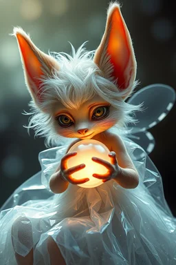 close up on glorious transparent transcendent cute hairy gremlin elf fairy fox holding ball wearing a night gown, built as bubble wrap art