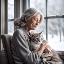 create a sleeping grey haired middle aged woman with chin length hair, sitting on a chair, in front of a window, holding her beloved gray and white tabby Oriental shorthair cat, also sleeping, in her arms. Serene peaceful calm. the snow falling outside