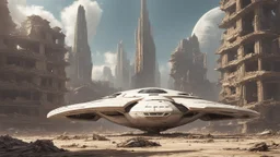 A small, wide, squat, sleek Spaceship in a ruined alien city, surrounded by tall damaged buildings, clear sky, small white clouds, photorealistic