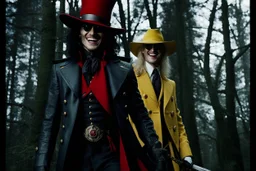 Still frame of Tom Hiddleston as Alucard from the live action "Hellsing" movie based on the anime of the same name. He is wearing his signature red hat and yellow glasses, while laughing in the moonlight.