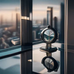 very close up of a big wrist watch stands on table in balcony skyscraper camera looks at modern city environment reflected image , watch glass is dark mirror,centered.