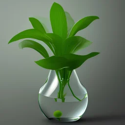 green plant in a clear vase with water on gray background