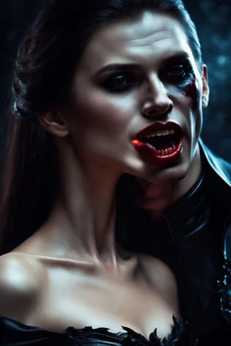 male vampire biting the neck of a young woman, dark fantasy, photorealistic